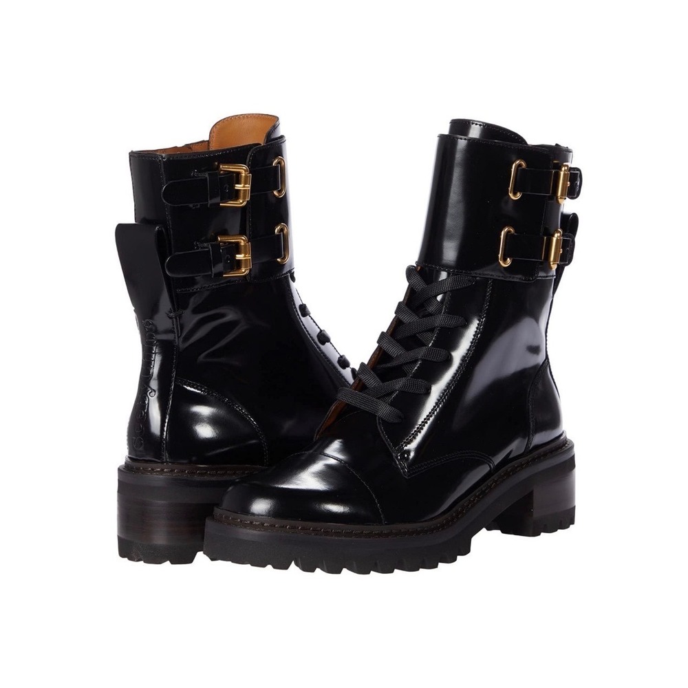 See By Chloe Black Patent Leather Lace Up Buckle Combat‎ Boots Women